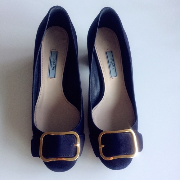 Prada Blue Suede Brass Buckle Block Heel Pumps - Picture 3 of 6